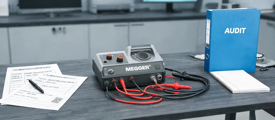 Megger calibration evidence on an engineering desk