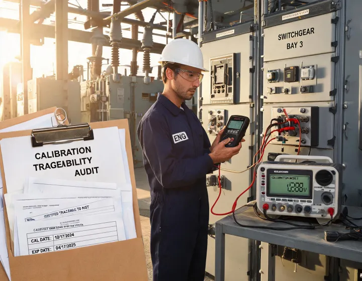 Engineer taking measurements at a substation switchgear bay